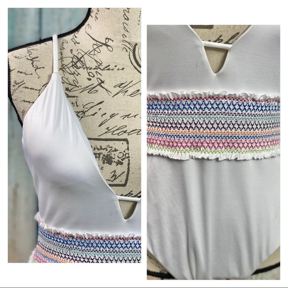 BAR III NWT White Smocked Plunging Swimsuit - Picture 5 of 12